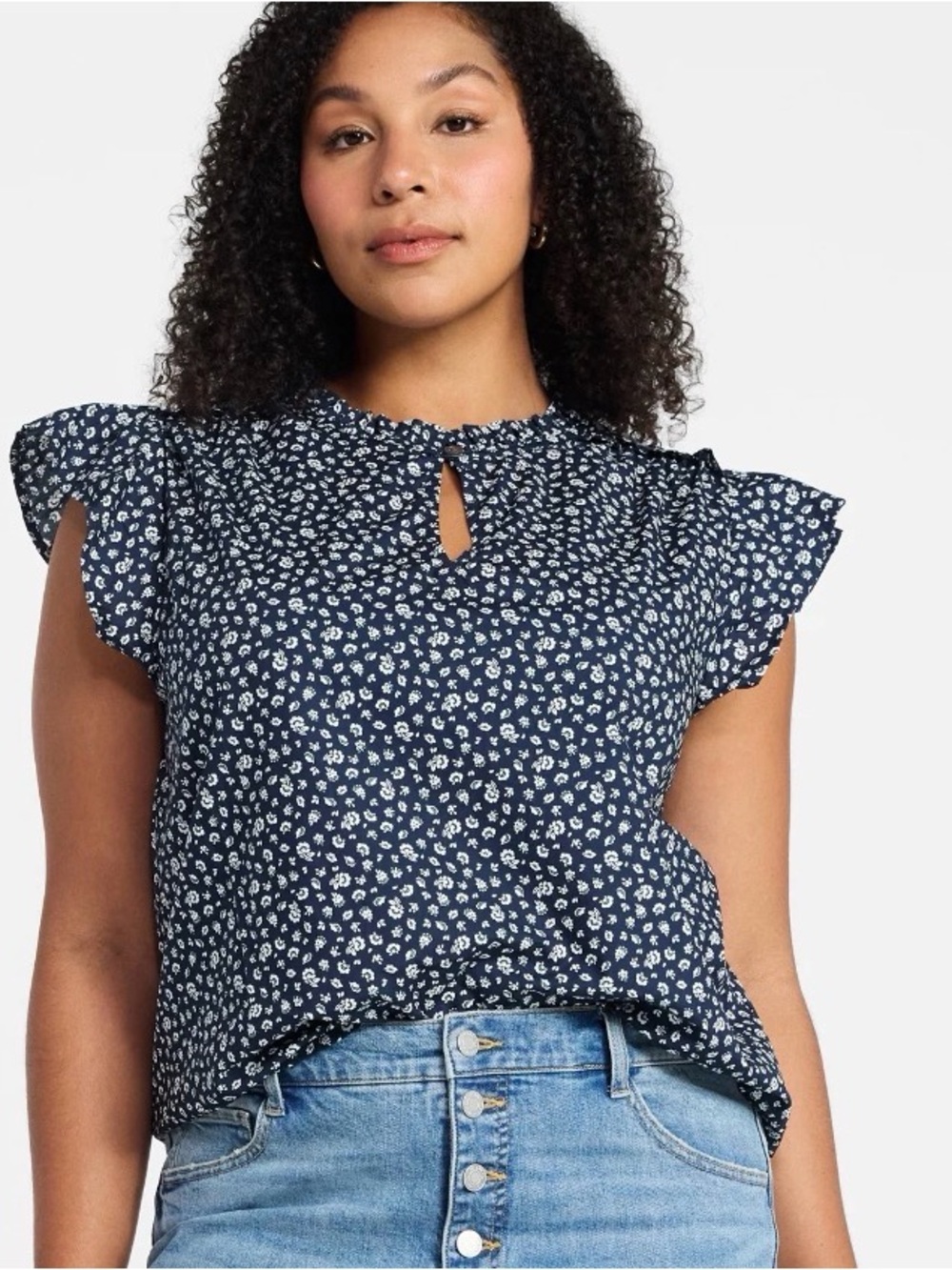 Time and Tru Women's Cotton Split Neck Top with Flutter Sleeves